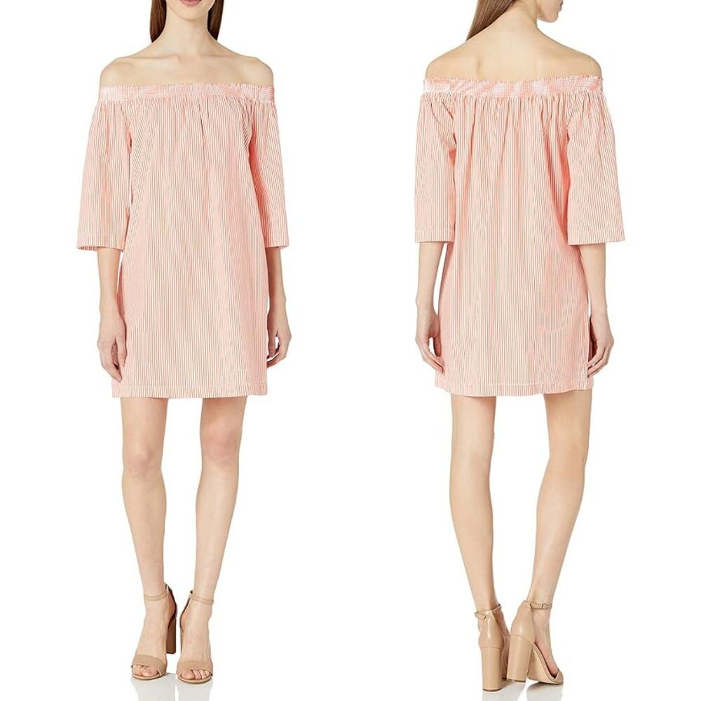 Trina Turk Neville Orange White Stripe Smocked Off The Shoulder Mini Dress